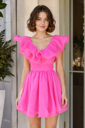 A Line V Neck Organza Ruffles Homecoming Dress - KissProm