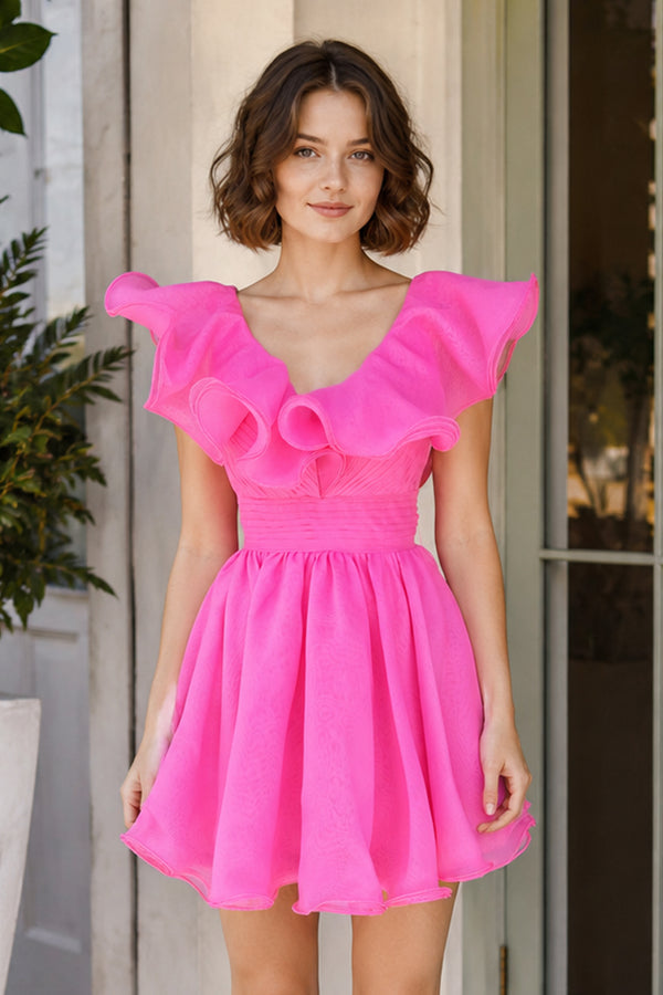 A Line V Neck Organza Ruffles Homecoming Dress - KissProm