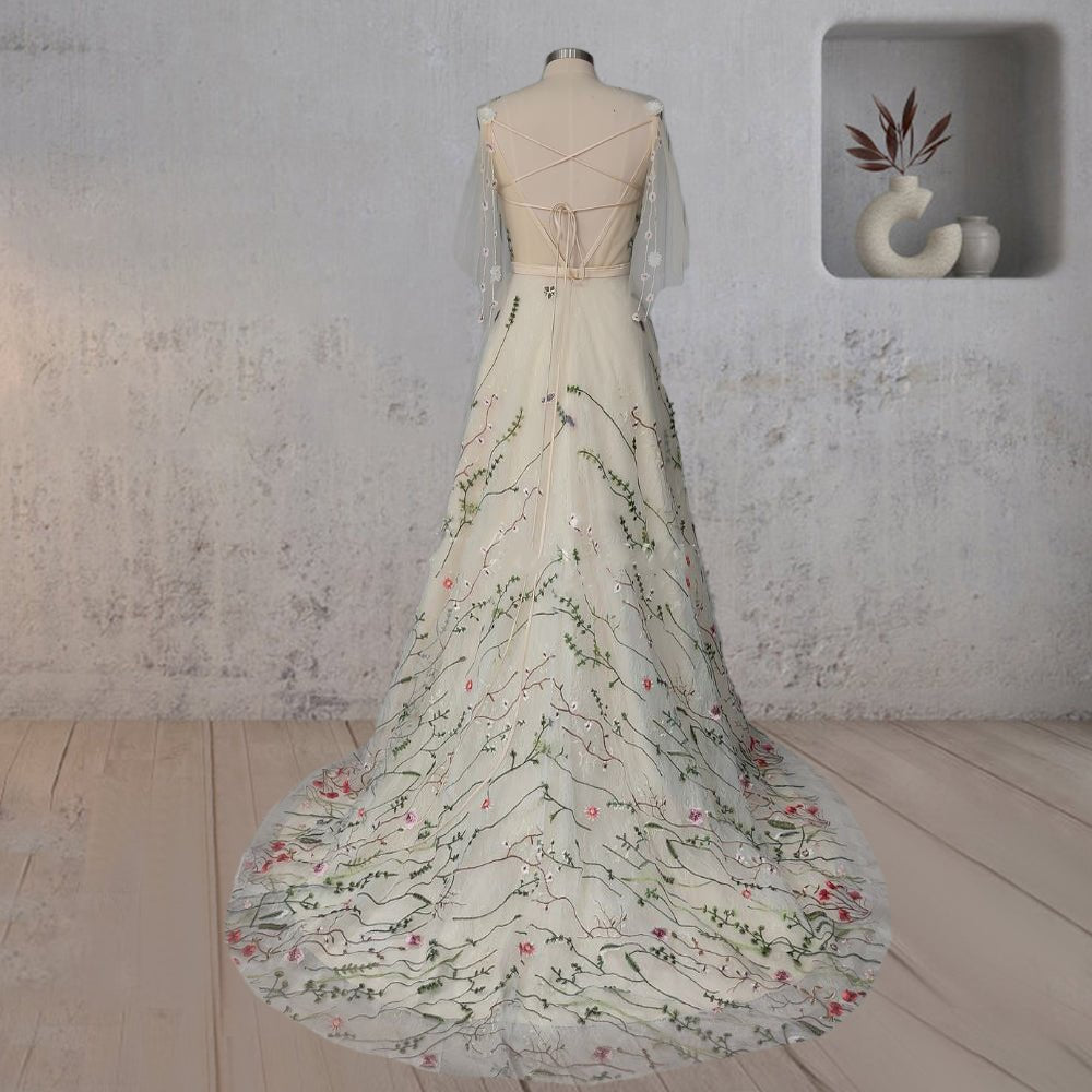 Diva | A-Line V Neck Sleeveless Floral Enchantment Boho Wedding Dress
