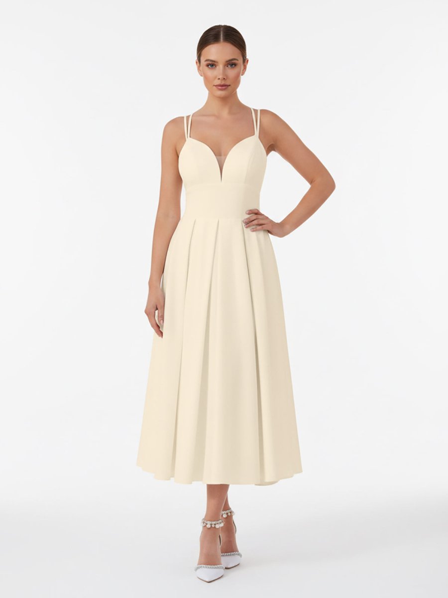 A - Line V - Neck Sleeveless Satin Knee - Length Wedding Dress - KissProm