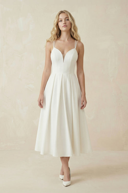 A - Line V - Neck Sleeveless Satin Knee - Length Wedding Dress – Wedding Dresses by KissProm | Available at KissProm