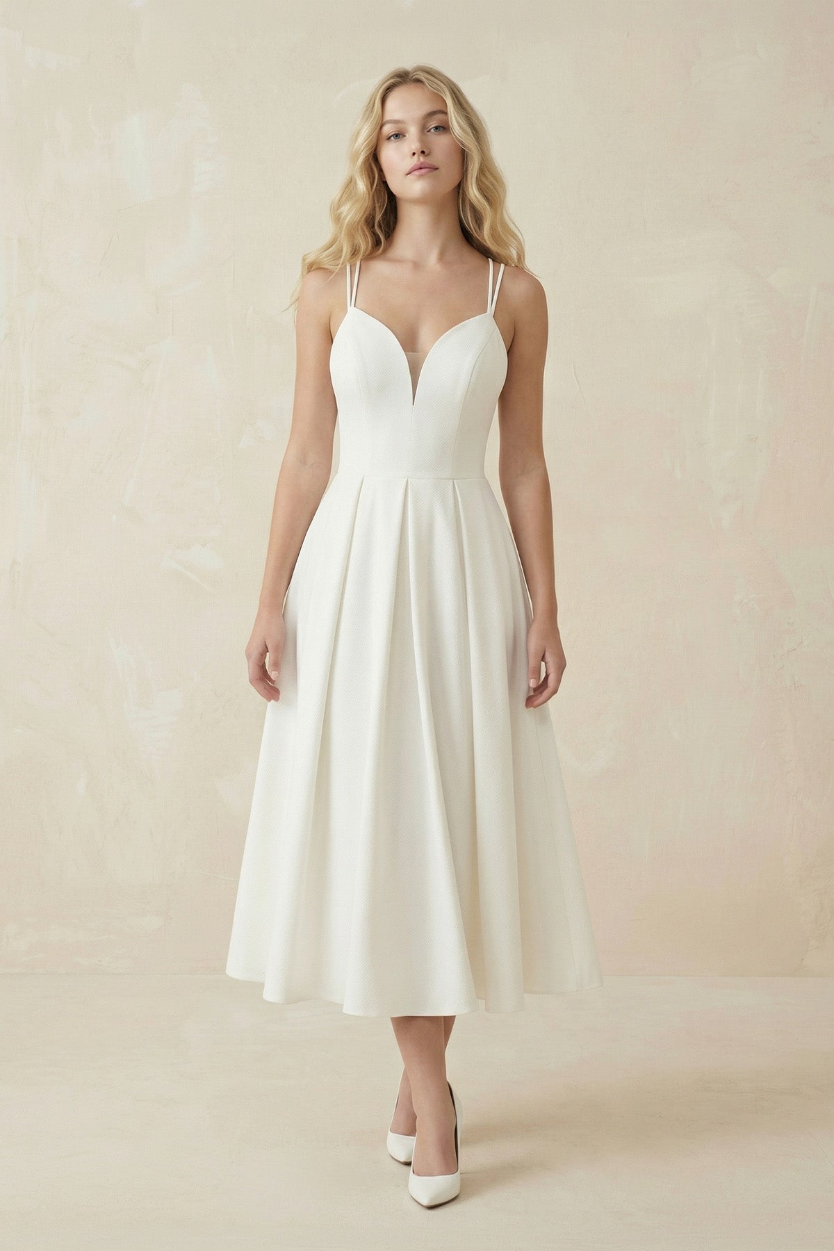 KissProm A-Line V-Neck Sleeveless Satin Knee-Length Wedding Dress, Diamond White / 6