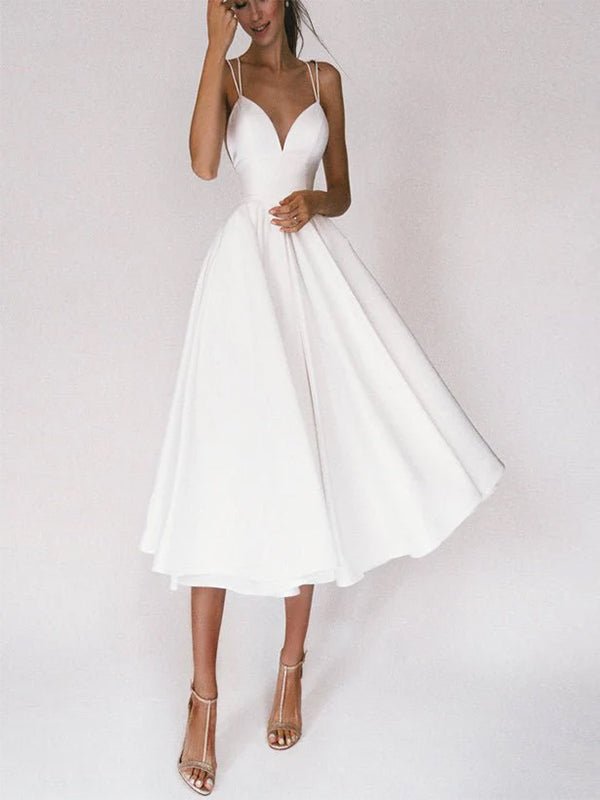 A - Line V - Neck Sleeveless Satin Knee - Length Wedding Dress - KissProm