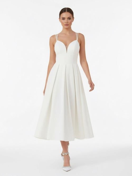 A-Line V-Neck Sleeveless Satin Knee-Length Wedding Dress, Champagne / 2