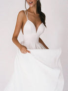 A - Line V - Neck Sleeveless Satin Knee - Length Wedding Dress - KissProm