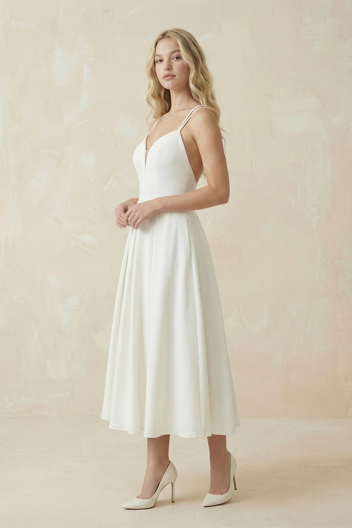 KissProm A-Line V-Neck Sleeveless Satin Knee-Length Wedding Dress, Diamond White / 6