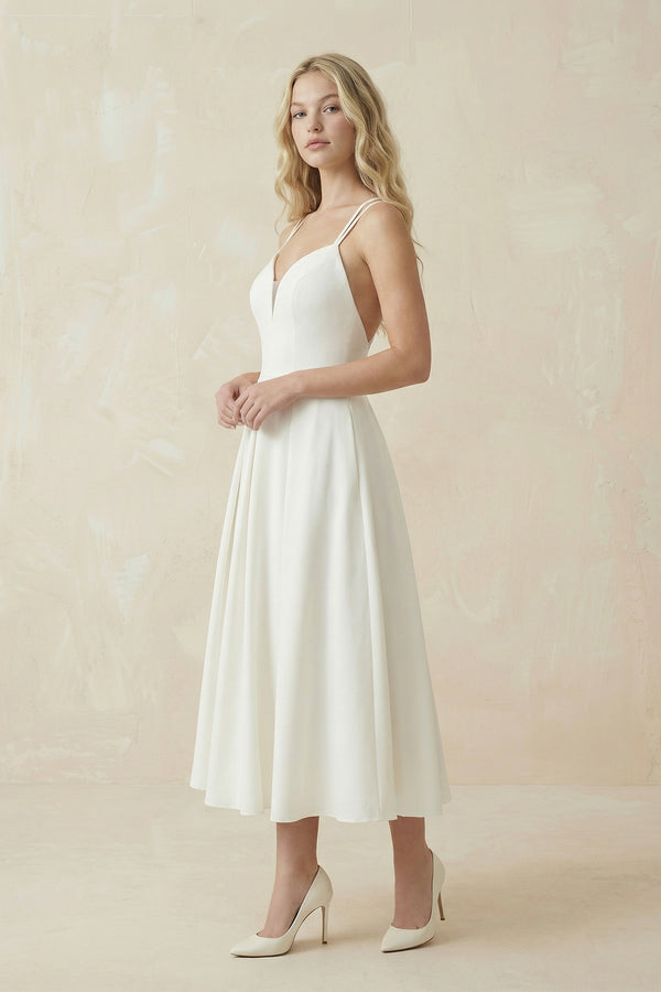 A - Line V - Neck Sleeveless Satin Knee - Length Wedding Dress – Wedding Dresses by KissProm | Available at KissProm