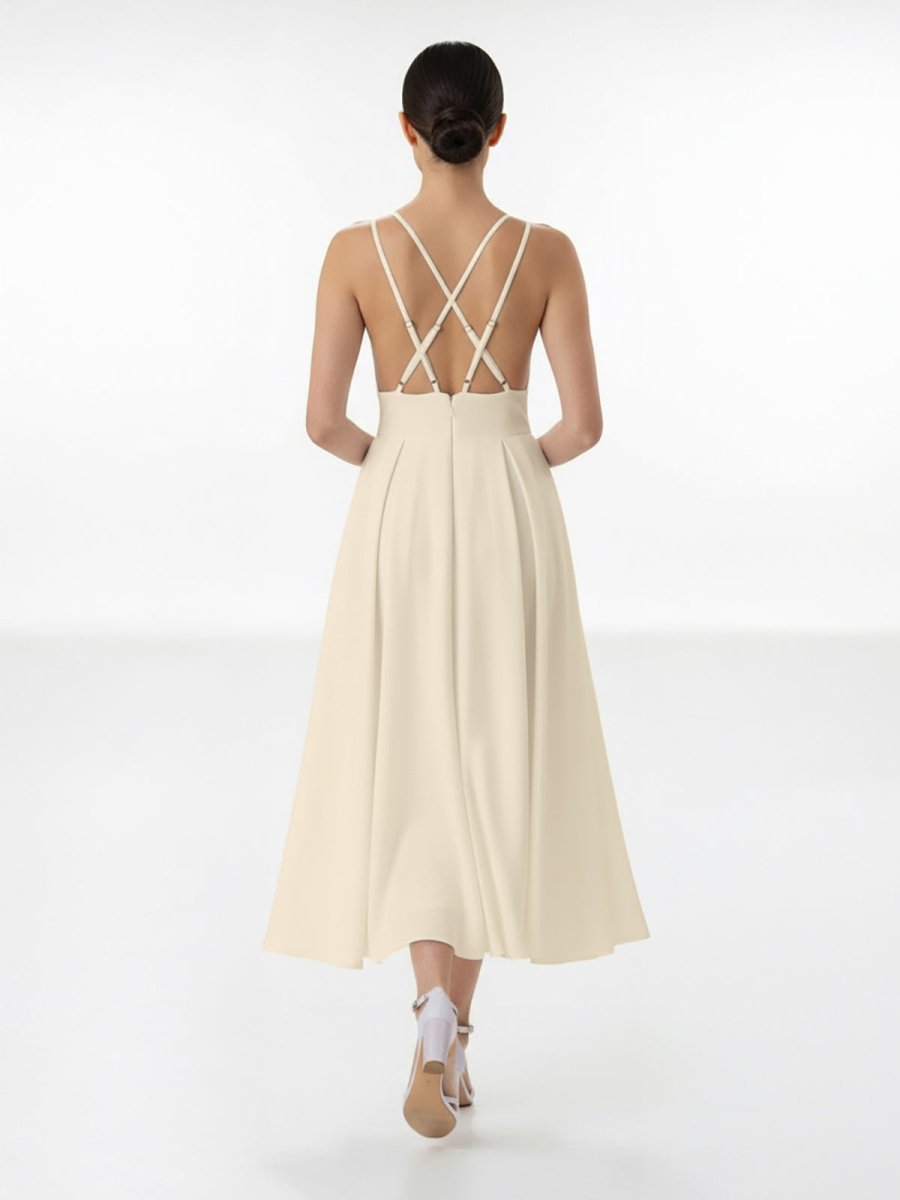 A-Line V-Neck Sleeveless Satin Knee-Length Wedding Dress, Champagne / 2