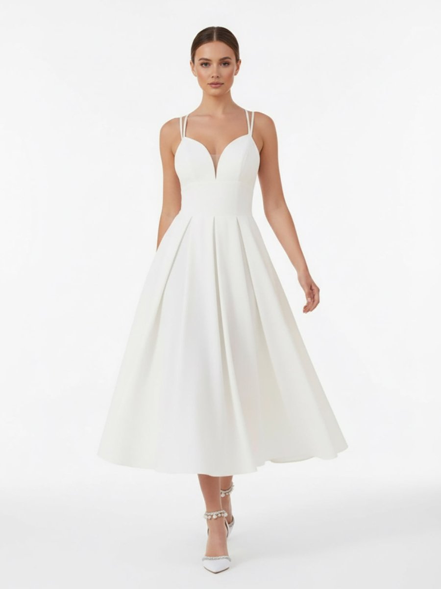 A-Line V-Neck Sleeveless Satin Knee-Length Wedding Dress Diamond White / 4 A-Line V-Neck Sleeveless Satin Knee-Length Wedding Dress Diamond White / 4