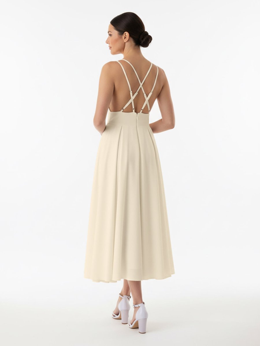 A - Line V - Neck Sleeveless Satin Knee - Length Wedding Dress - KissProm