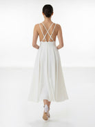 A - Line V - Neck Sleeveless Satin Knee - Length Wedding Dress - KissProm