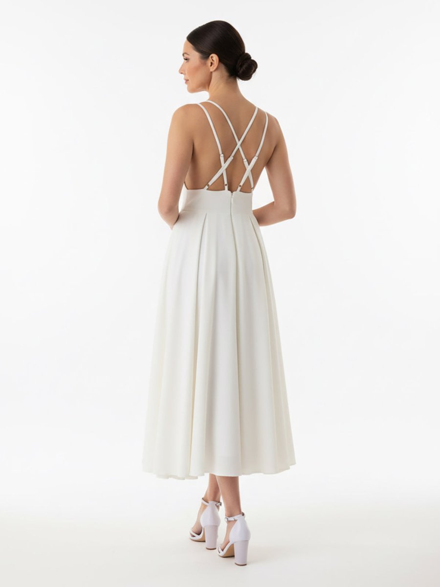 A-Line V-Neck Sleeveless Satin Knee-Length Wedding Dress Diamond White / 4 A-Line V-Neck Sleeveless Satin Knee-Length Wedding Dress Diamond White / 4