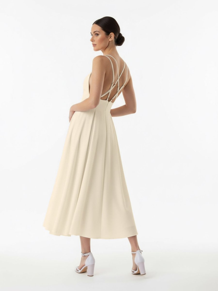 A - Line V - Neck Sleeveless Satin Knee - Length Wedding Dress - KissProm