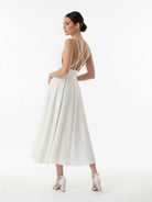 A - Line V - Neck Sleeveless Satin Knee - Length Wedding Dress - KissProm