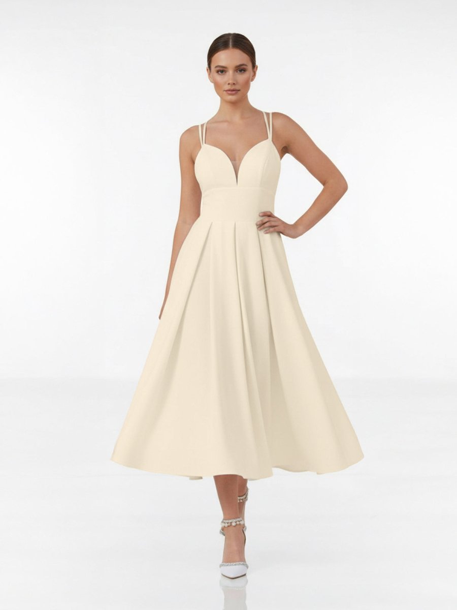 A - Line V - Neck Sleeveless Satin Knee - Length Wedding Dress - KissProm