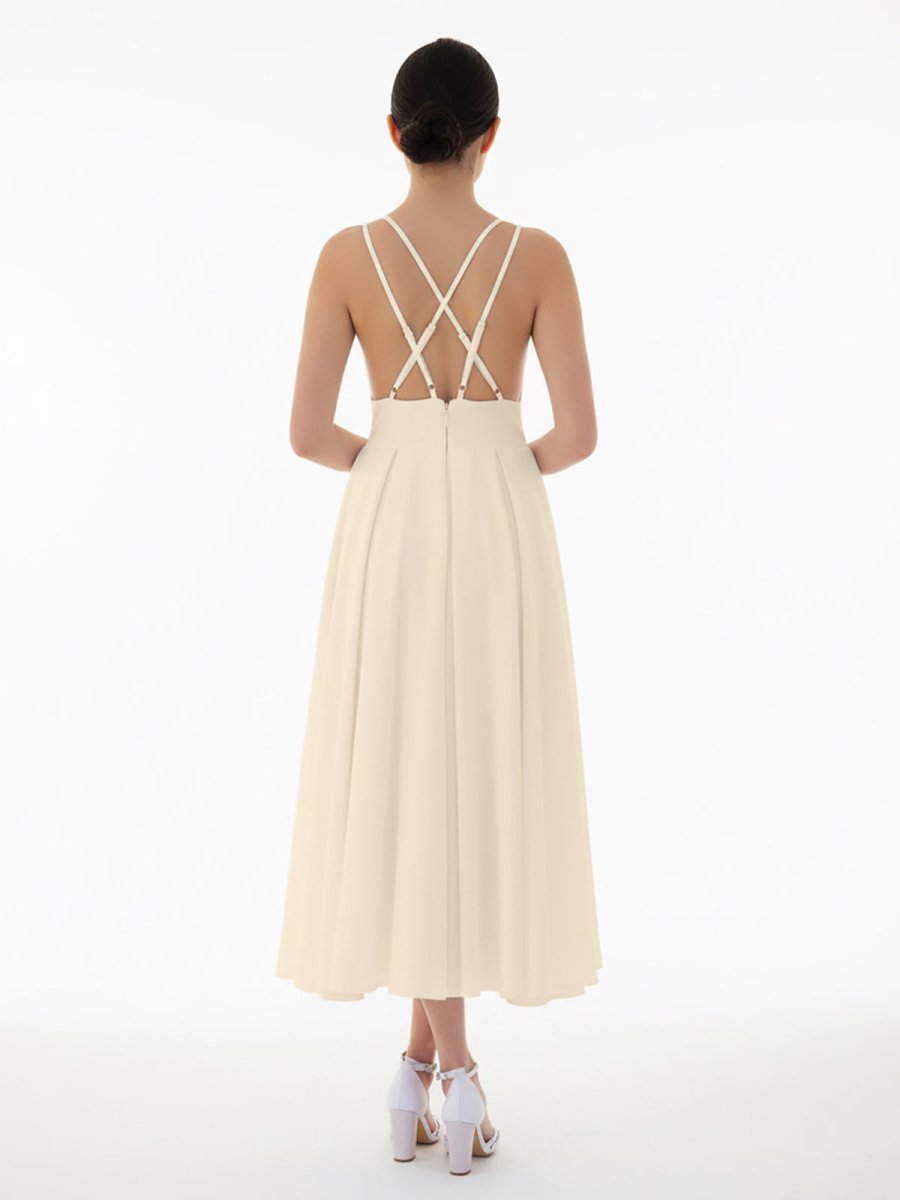 A - Line V - Neck Sleeveless Satin Knee - Length Wedding Dress - KissProm