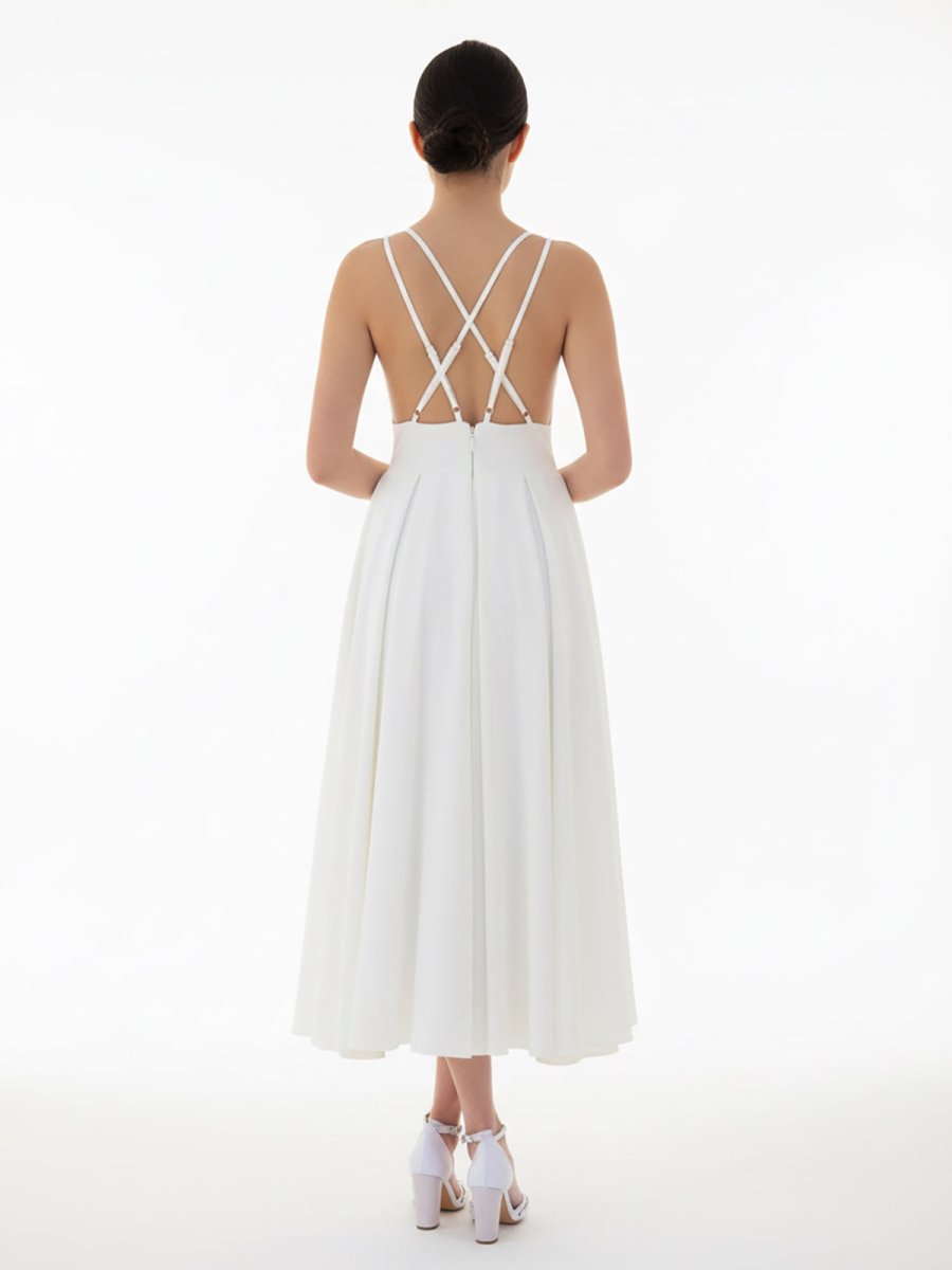 A - Line V - Neck Sleeveless Satin Knee - Length Wedding Dress - KissProm