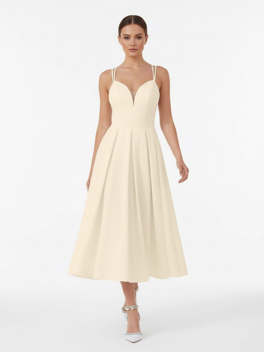 A-Line V-Neck Sleeveless Satin Knee-Length Wedding Dress, Champagne / 2 A-Line V-Neck Sleeveless Satin Knee-Length Wedding Dress, Champagne / 2
