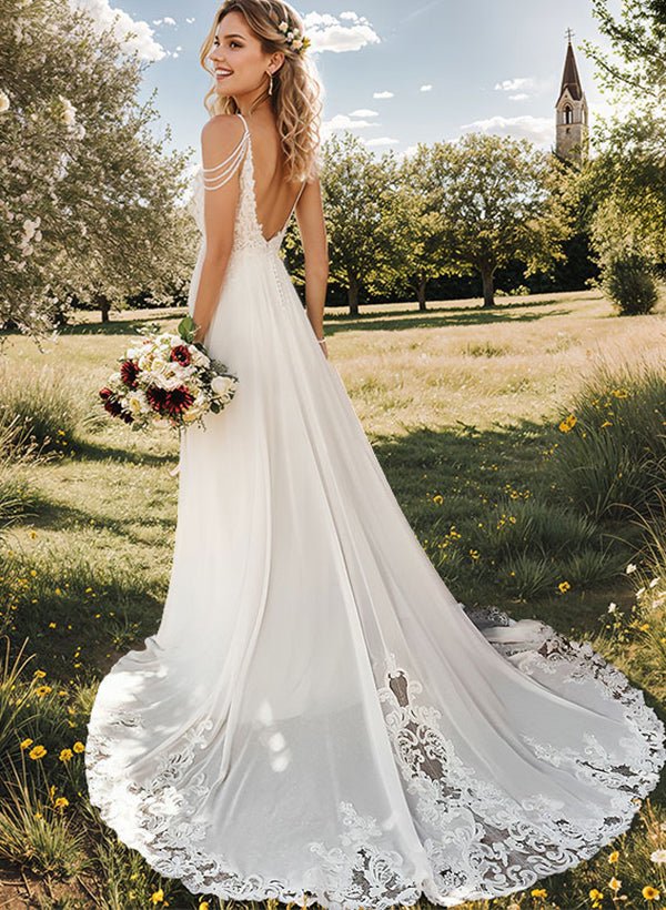 A-Line V-Neck Sweep Train Wedding Dress With Lace Split Front A-Line V-Neck Sweep Train Wedding Dress With Lace Split Front