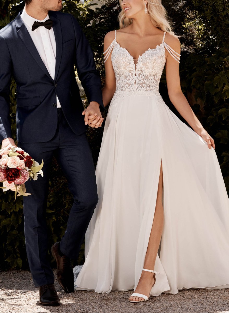 light green a line dress A-Line V-Neck Sweep Train Wedding Dress With Lace Split Front