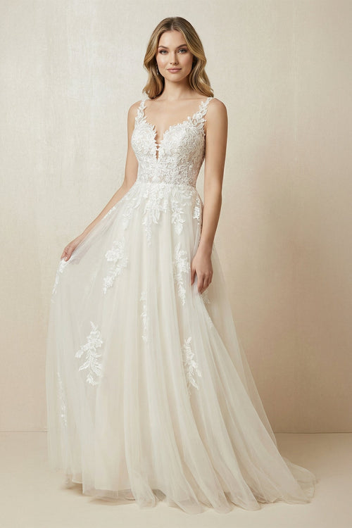 A - Line V - Neck Tulle Appliqued Wedding Dress in Ivory - KissProm Wedding Dresses