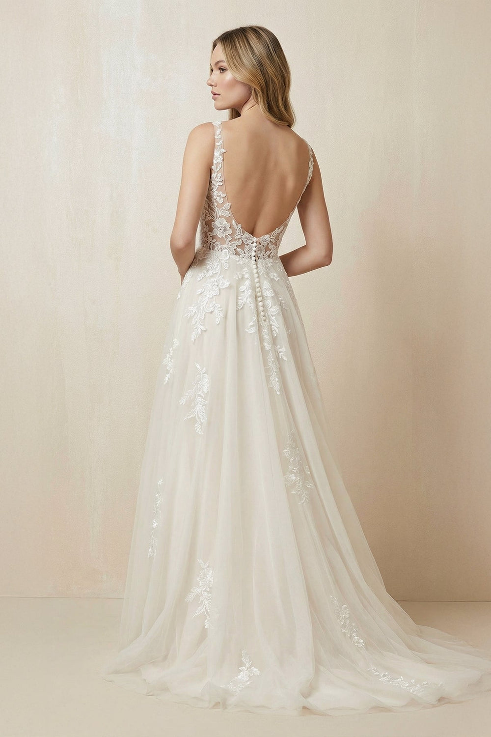 A - Line V - Neck Tulle Appliqued Wedding Dress in Ivory - KissProm Wedding Dresses