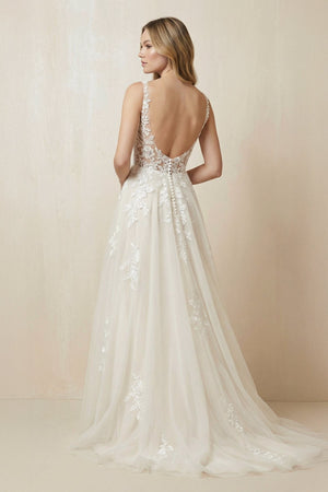 A - Line V - Neck Tulle Appliqued Wedding Dress in Ivory - KissProm Wedding Dresses