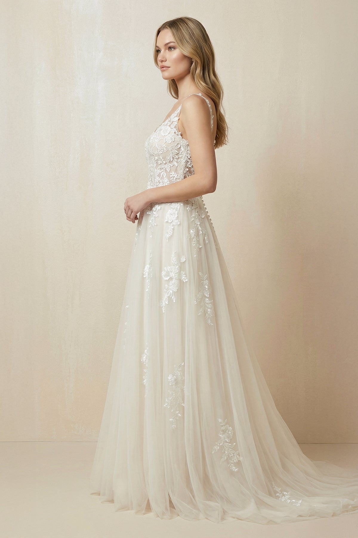 KissProm | A-Line V-Neck Tulle Appliqued Wedding Dress in Ivory KissProm | A-Line V-Neck Tulle Appliqued Wedding Dress in Ivory