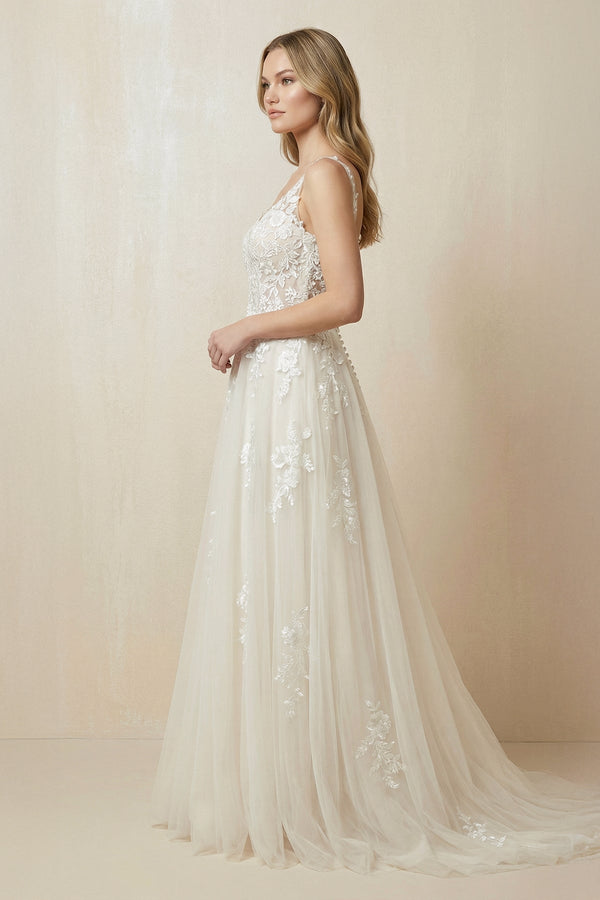 A - Line V - Neck Tulle Appliqued Wedding Dress in Ivory - KissProm Wedding Dresses