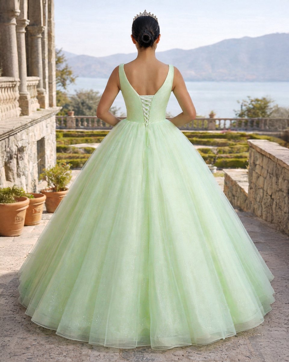 A - Line V Neck Tulle Sage Green Long Prom Quinceanera Dresses - KissProm