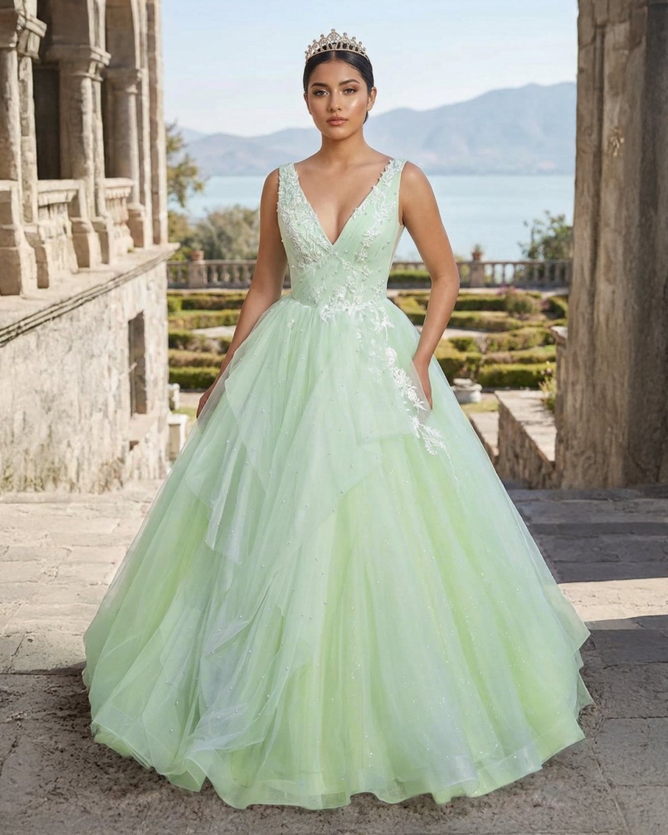 A - Line V Neck Tulle Sage Green Long Prom Quinceanera Dresses - KissProm