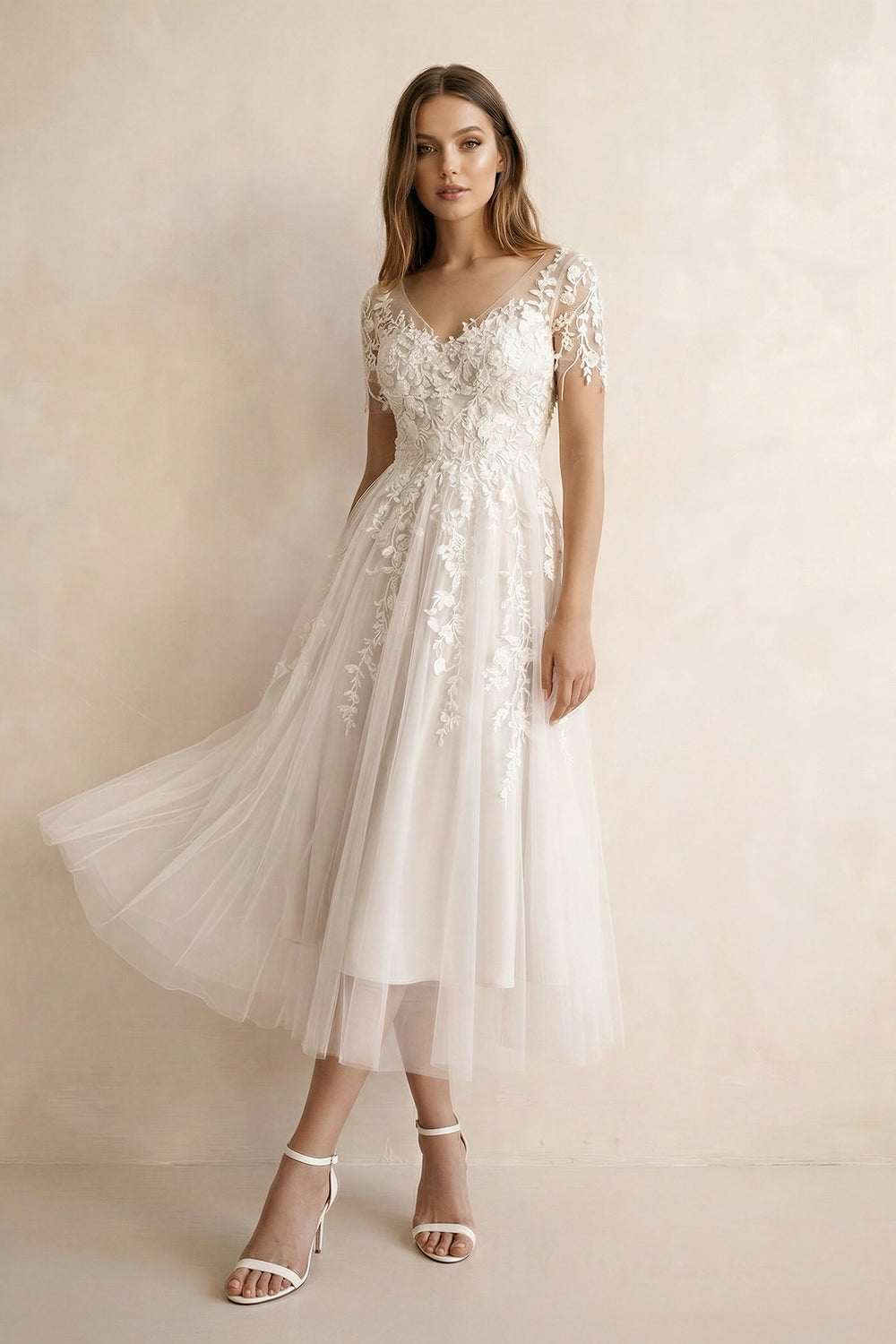 Tea Length Sleeves Ethereal Modern A-Line V-Neck Button Back Wedding Dress, Diamond White / 4 Tea Length Sleeves Ethereal Modern A-Line V-Neck Button Back Wedding Dress, Diamond White / 4