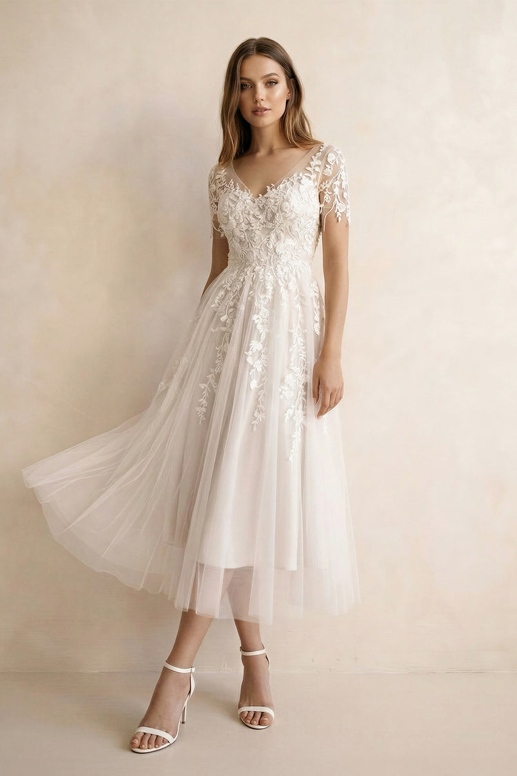 KissProm Tea Length Sleeves Ethereal Modern A-Line V-Neck Button Back Wedding Dress, Diamond White / 4