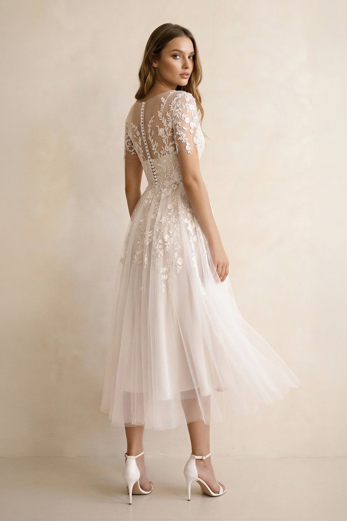 Tea Length Sleeves Ethereal Modern A-Line V-Neck Button Back Wedding Dress, Diamond White / 4 Tea Length Sleeves Ethereal Modern A-Line V-Neck Button Back Wedding Dress, Diamond White / 4