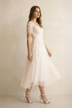 Jayline | Tea Length Sleeves Ethereal Modern A-Line V-Neck Button Back Wedding Dress
