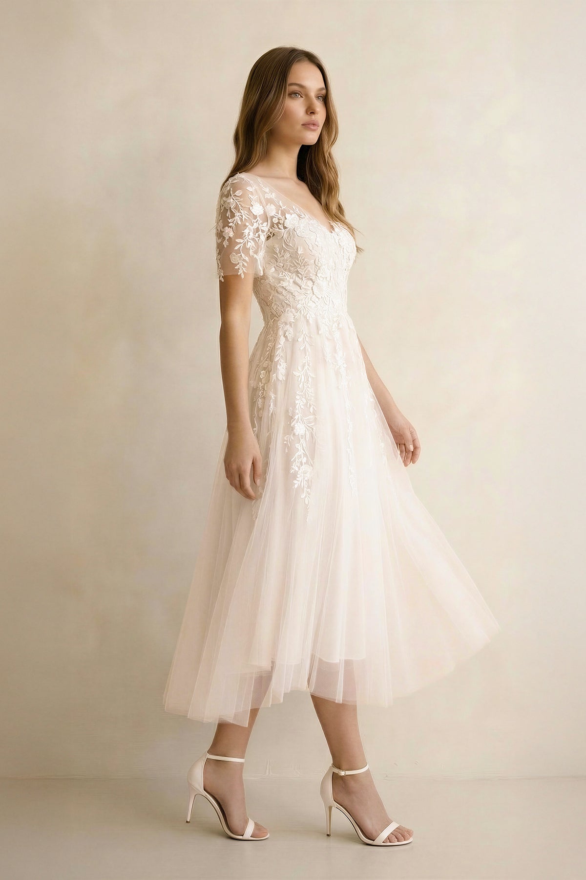 Tea Length Sleeves Ethereal Modern A-Line V-Neck Button Back Wedding Dress, Diamond White / 4