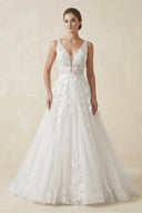 Adorable A-Line Lace Wedding Dress With Appliques And Illusion Deep-V Back – Wedding Dresses by KissProm | Available at KissProm