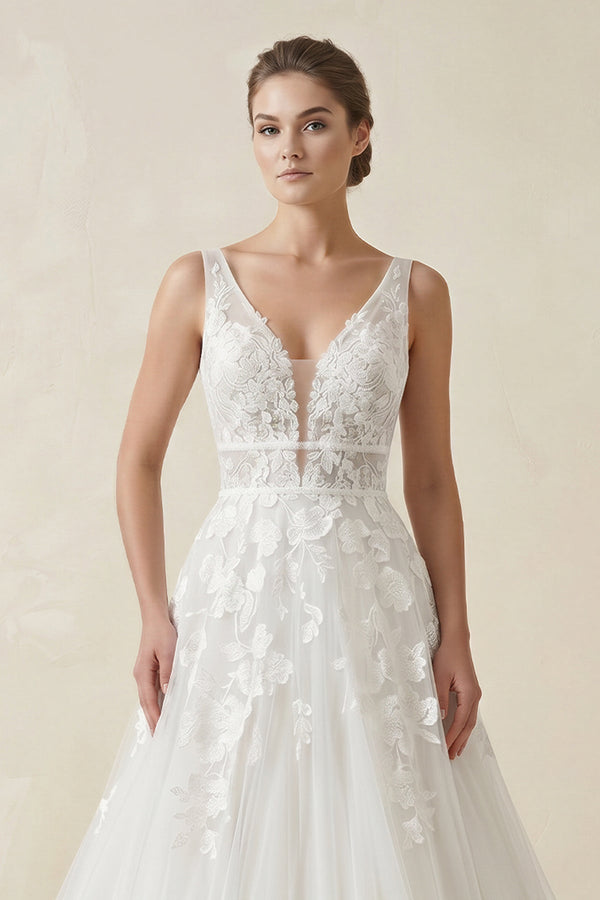 Adorable A-Line Lace Wedding Dress With Appliques And Illusion Deep-V Back – Wedding Dresses by KissProm | Available at KissProm
