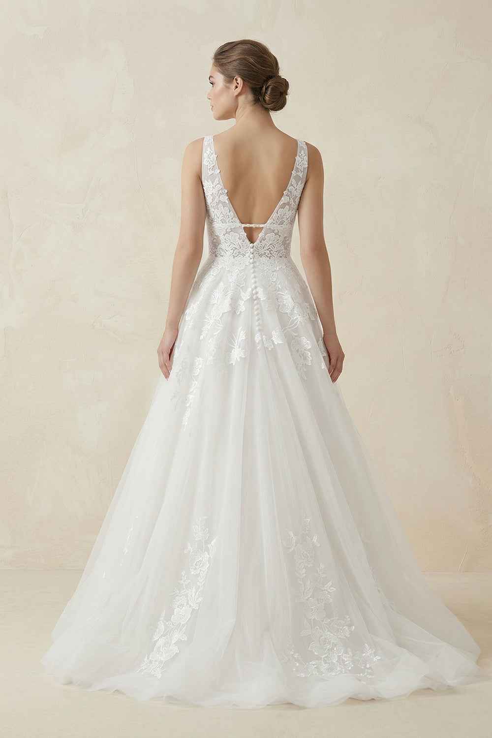 Adorable A-Line Lace Wedding Dress With Appliques And Illusion Deep-V Back – Wedding Dresses by KissProm | Available at KissProm