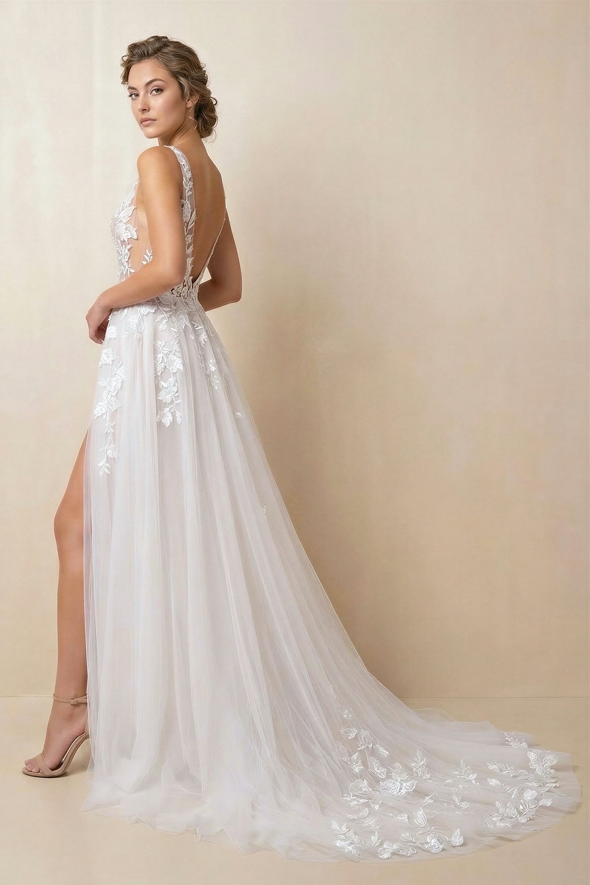 Attractive Illusion Deep V Neck Lace Appliques Boho Wedding Dress with Slit, Diamond White / 2 Attractive Illusion Deep V Neck Lace Appliques Boho Wedding Dress with Slit, Diamond White / 2