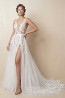Hermosa | Attractive Illusion Deep V Neck Lace Appliques Boho Wedding Dress with Slit