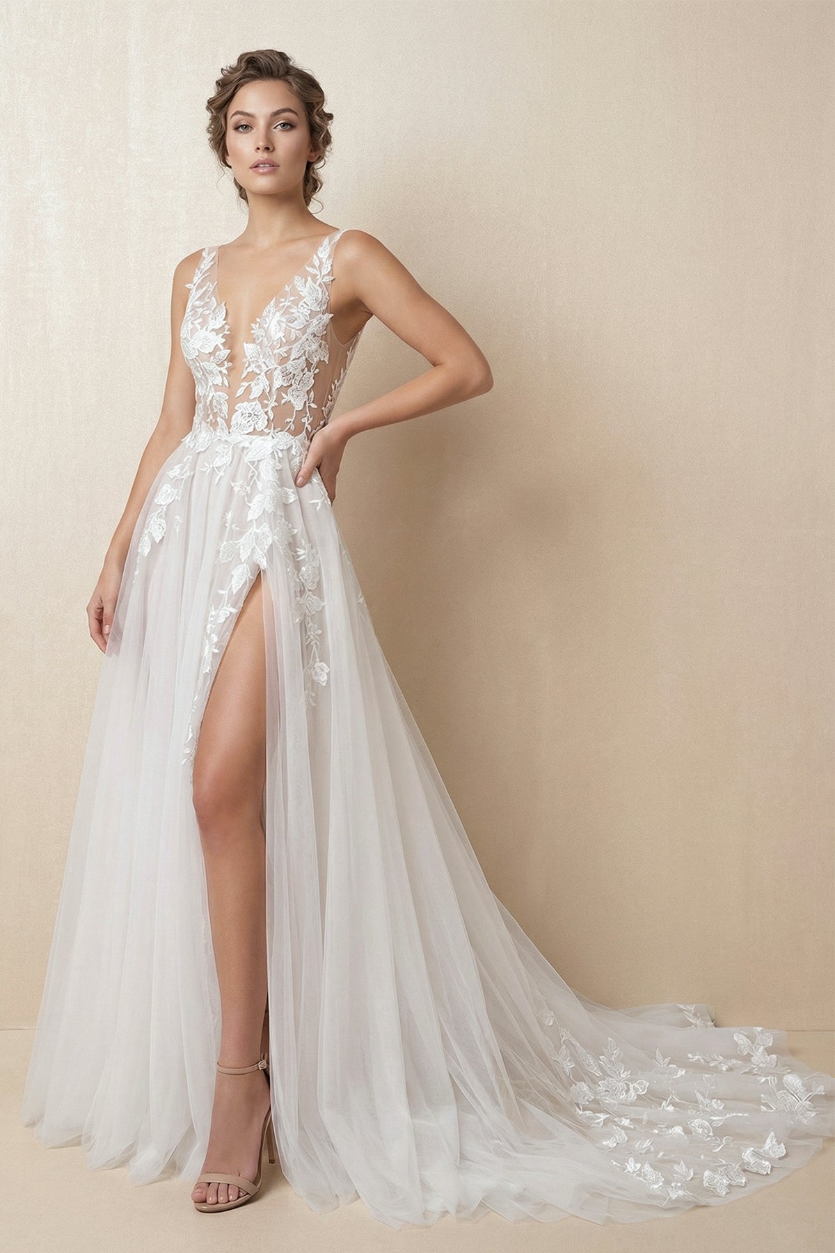KissProm Attractive Illusion Deep V Neck Lace Appliques Boho Wedding Dress with Slit, Diamond White / 2