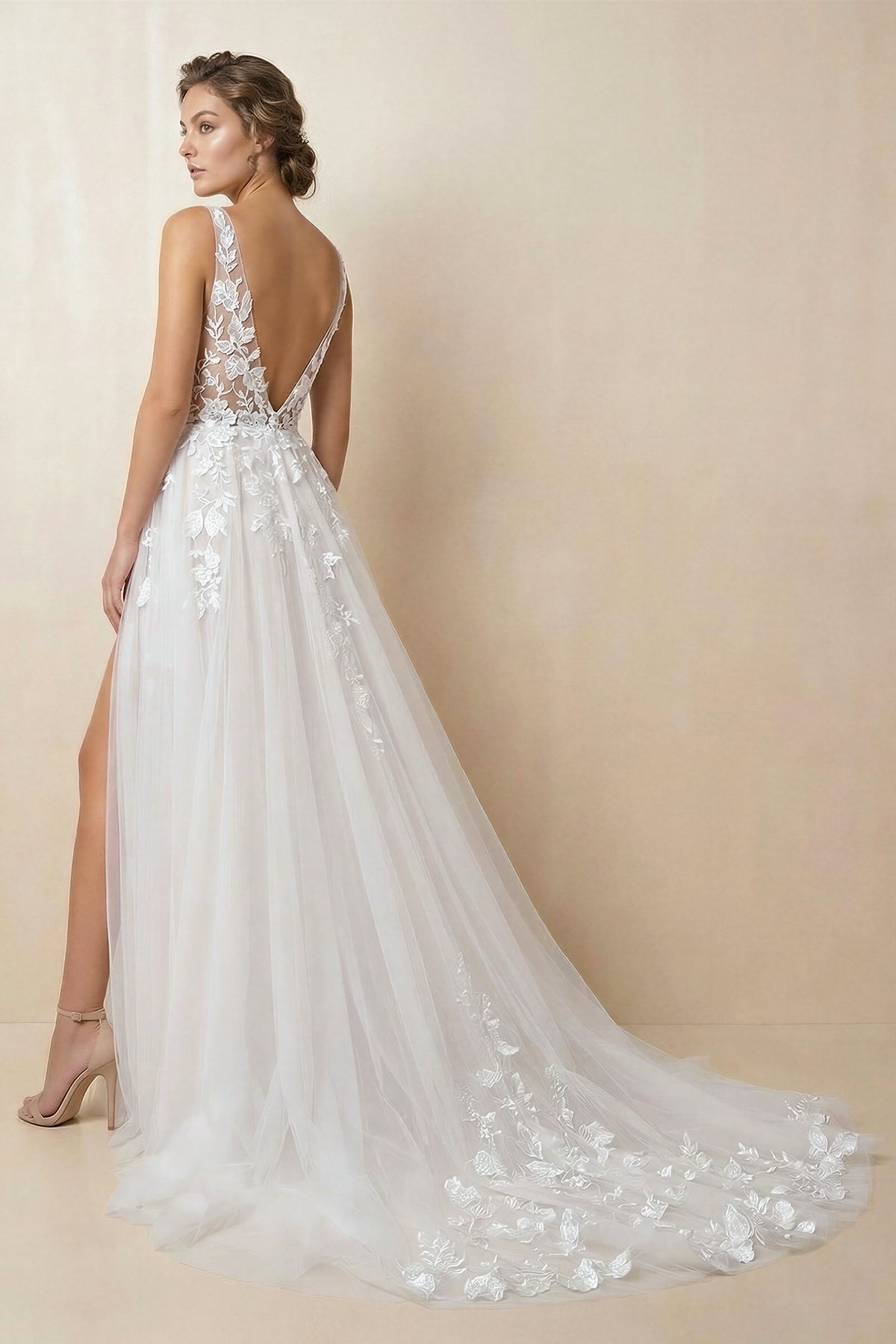 Attractive Illusion Deep V Neck Lace Appliques Boho Wedding Dress with