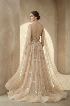 A - line V Neck Tulle Wedding Dresses With 3D Flower - KissProm Wedding Dresses