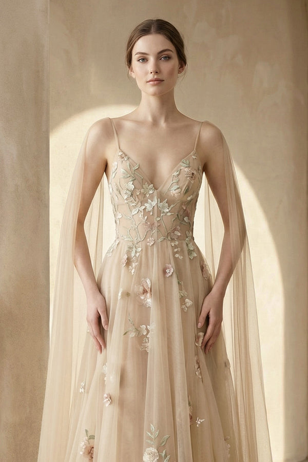 A - line V Neck Tulle Wedding Dresses With 3D Flower - KissProm Wedding Dresses