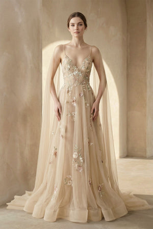 A - line V Neck Tulle Wedding Dresses With 3D Flower - KissProm Wedding Dresses