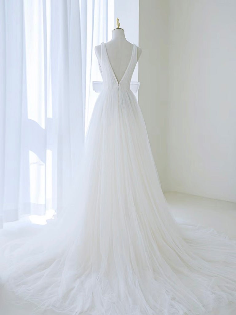 A - Line V Neck White Tulle Long Wedding Dress with Bow - KissProm