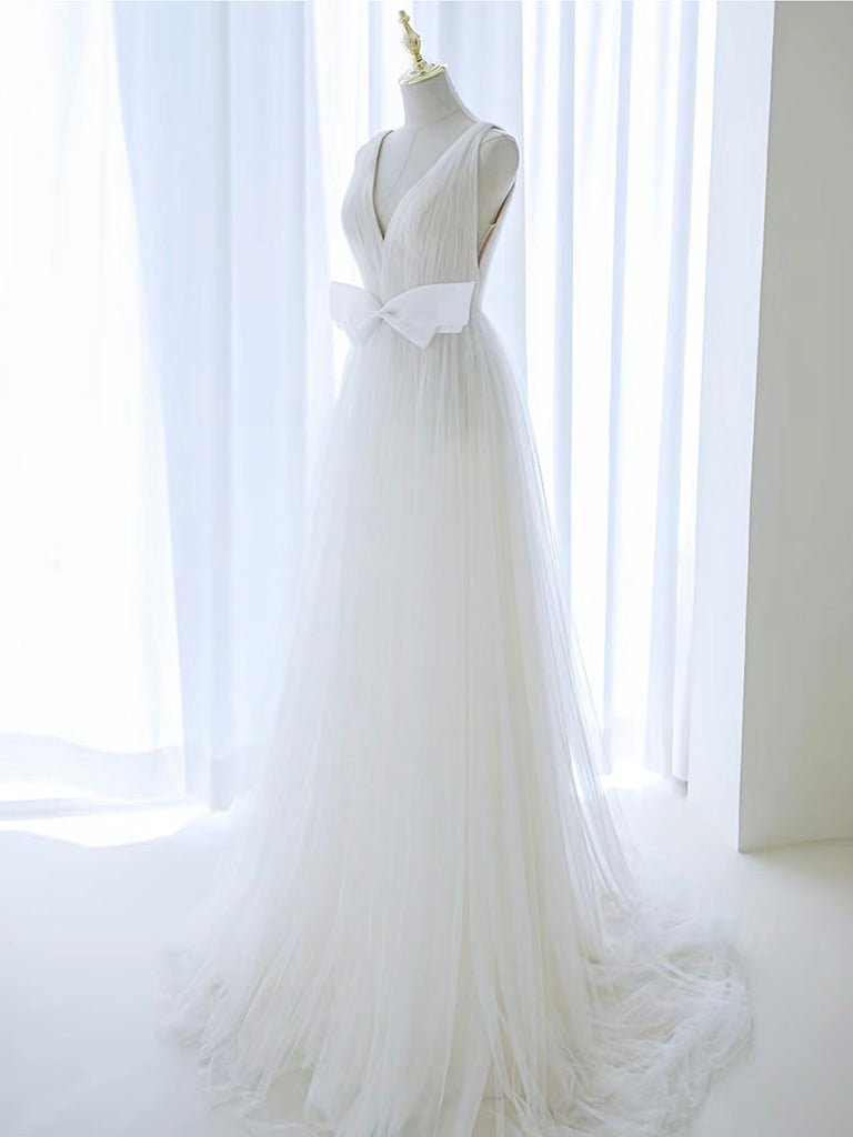 A - Line V Neck White Tulle Long Wedding Dress with Bow - KissProm