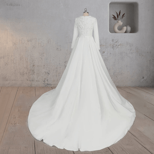 A Line White Long Sleeves Appliqued Wedding Dresses with Train