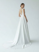 A - Line White Satin Elegant V Neck Wedding Dress - KissProm